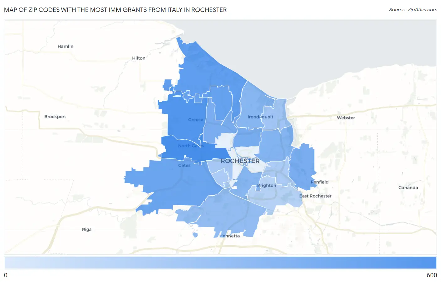 Zip Codes with the Most Immigrants from Italy in Rochester Map