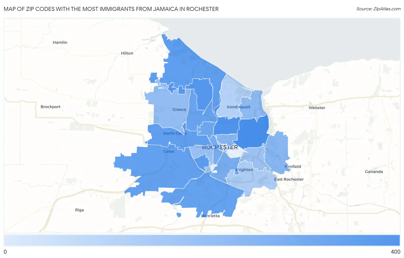Zip Codes with the Most Immigrants from Jamaica in Rochester Map