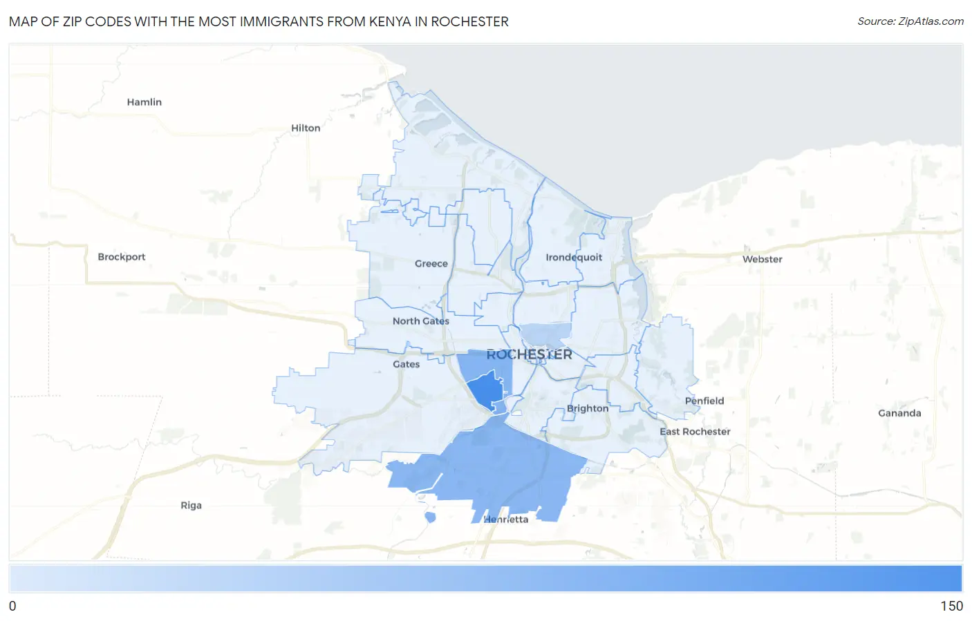 Zip Codes with the Most Immigrants from Kenya in Rochester Map