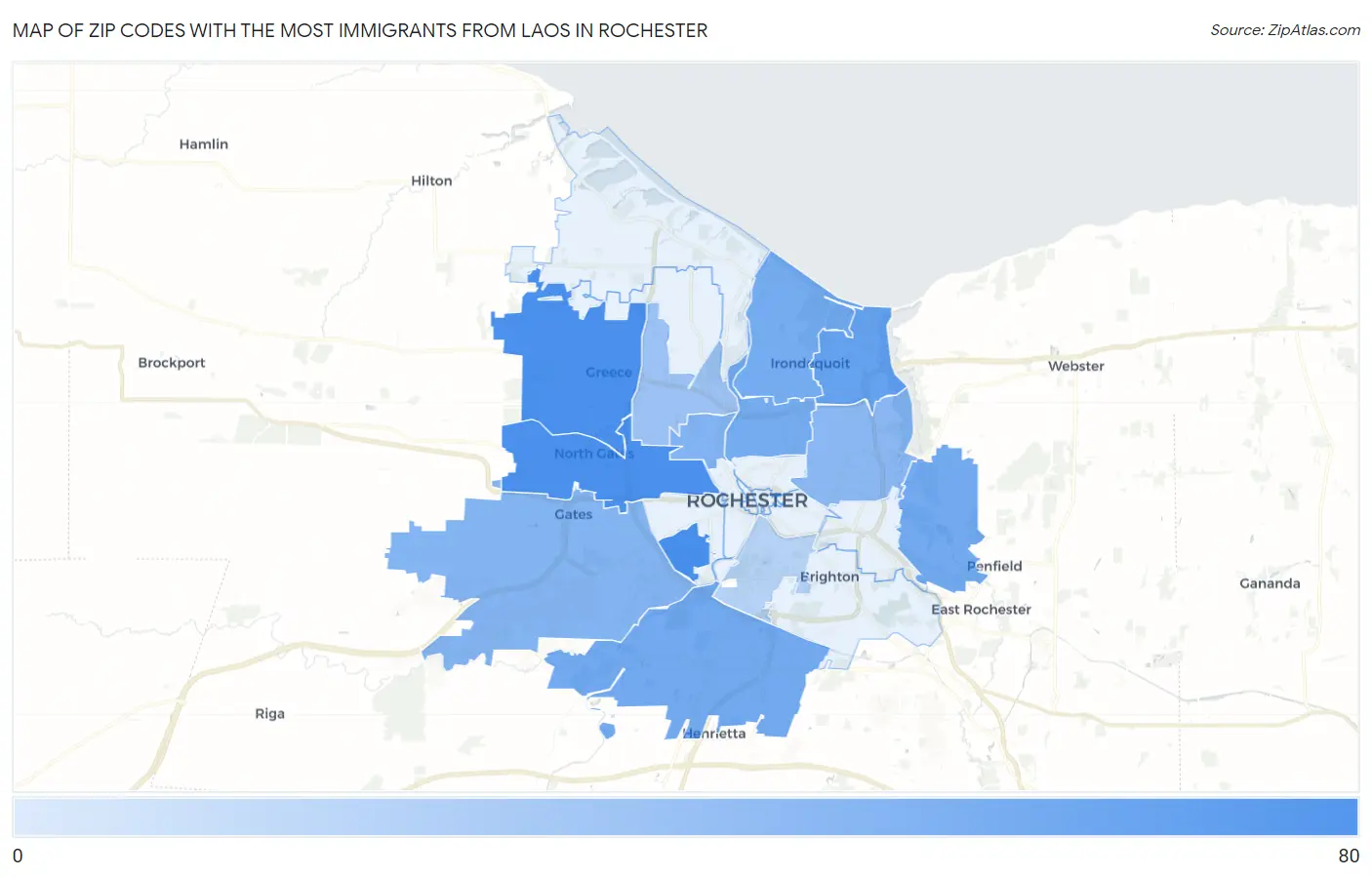 Zip Codes with the Most Immigrants from Laos in Rochester Map