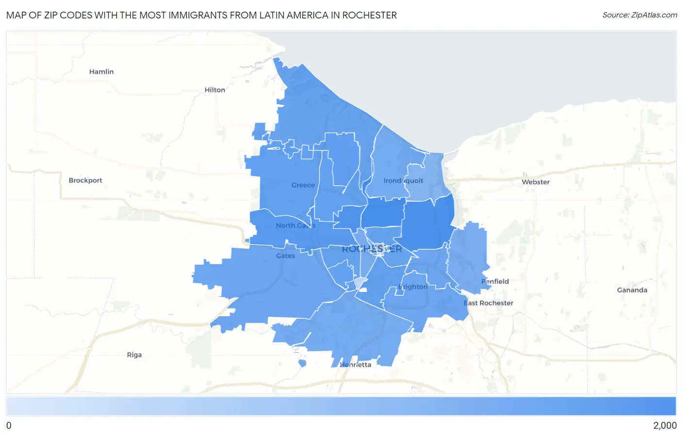 Zip Codes with the Most Immigrants from Latin America in Rochester Map
