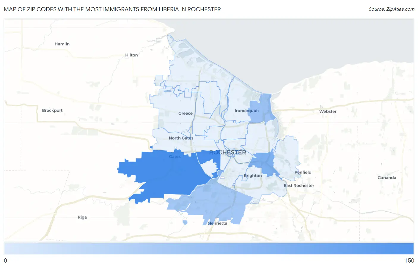 Zip Codes with the Most Immigrants from Liberia in Rochester Map