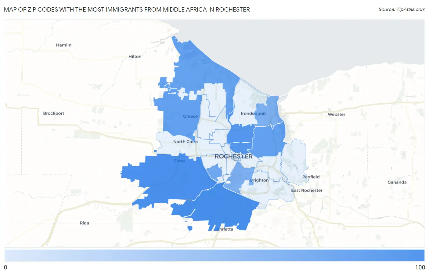 Zip Codes with the Most Immigrants from Middle Africa in Rochester Map