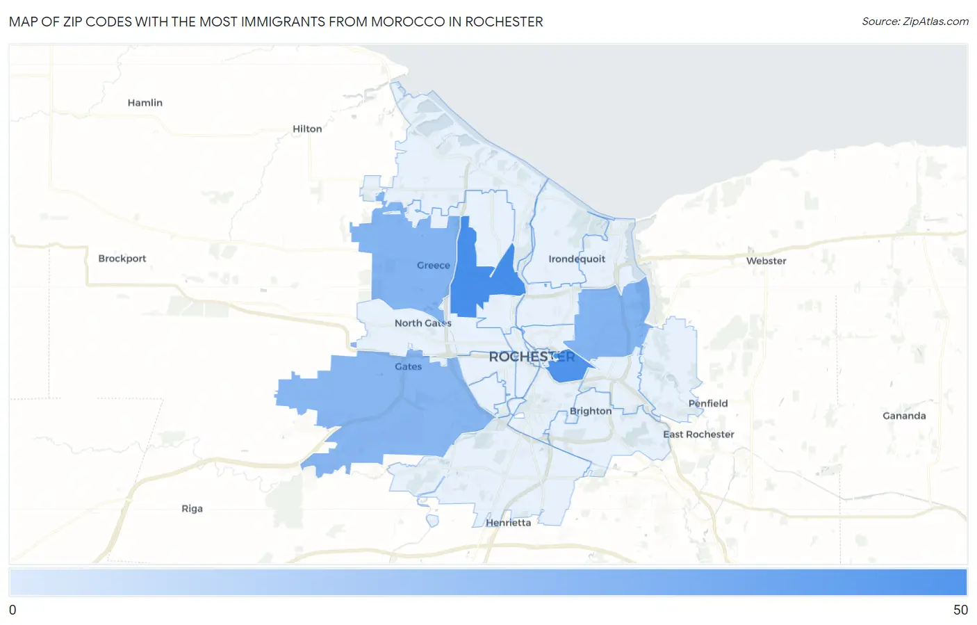 Zip Codes with the Most Immigrants from Morocco in Rochester Map