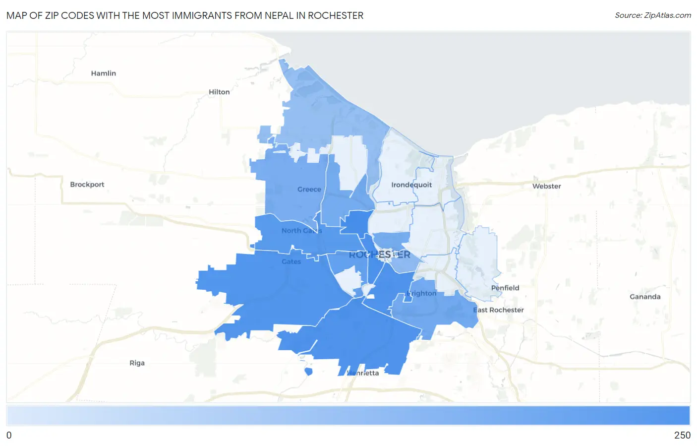 Zip Codes with the Most Immigrants from Nepal in Rochester Map