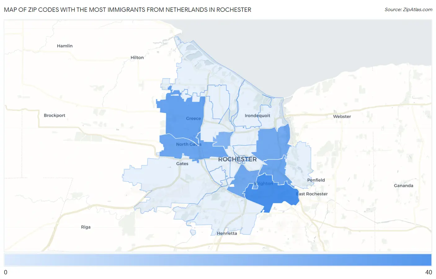 Zip Codes with the Most Immigrants from Netherlands in Rochester Map