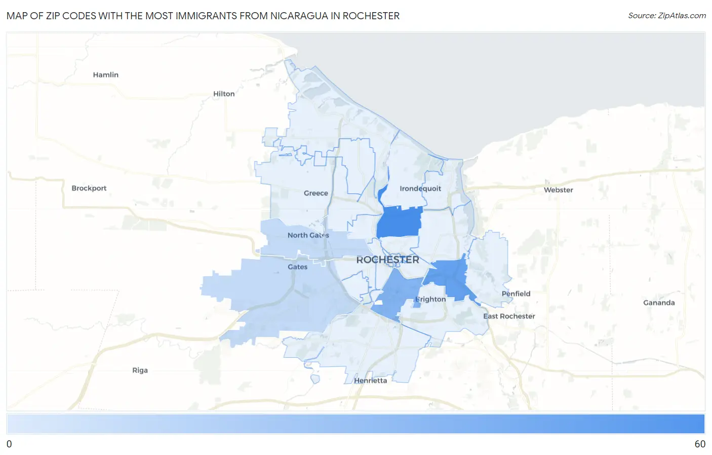 Zip Codes with the Most Immigrants from Nicaragua in Rochester Map