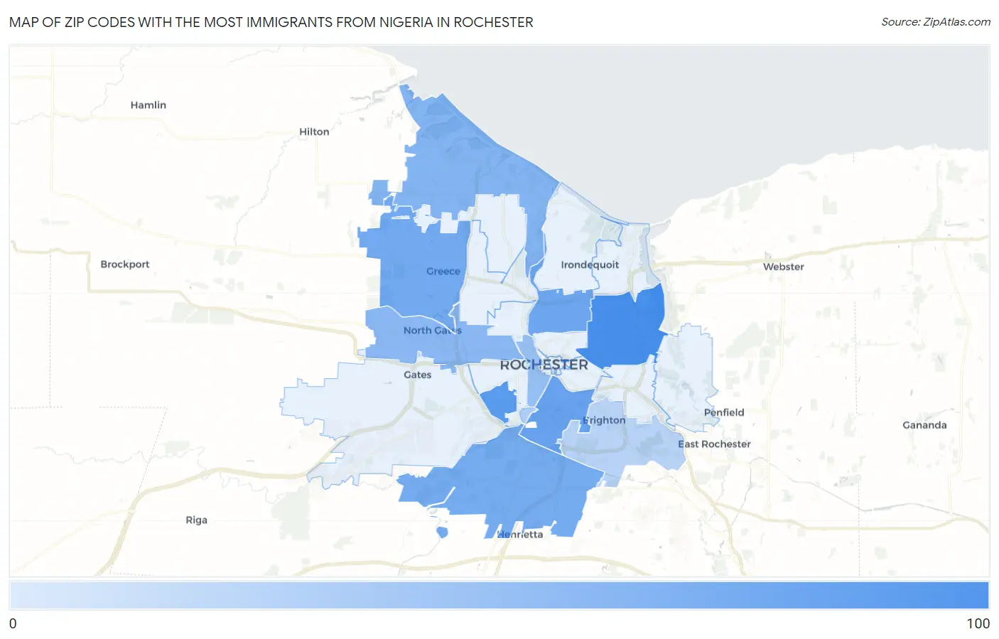 Zip Codes with the Most Immigrants from Nigeria in Rochester Map