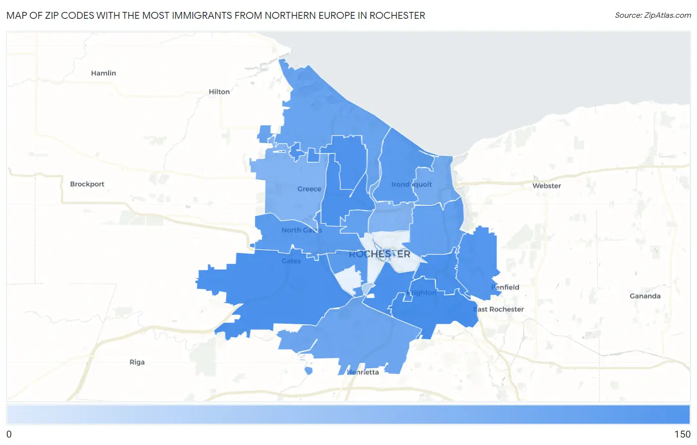 Zip Codes with the Most Immigrants from Northern Europe in Rochester Map