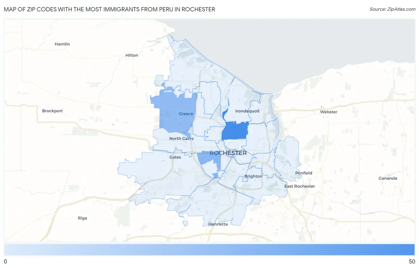 Zip Codes with the Most Immigrants from Peru in Rochester Map