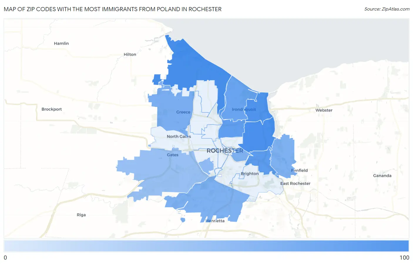 Zip Codes with the Most Immigrants from Poland in Rochester Map