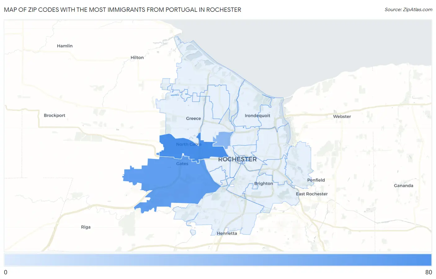 Zip Codes with the Most Immigrants from Portugal in Rochester Map