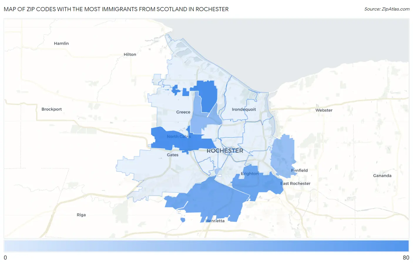 Zip Codes with the Most Immigrants from Scotland in Rochester Map