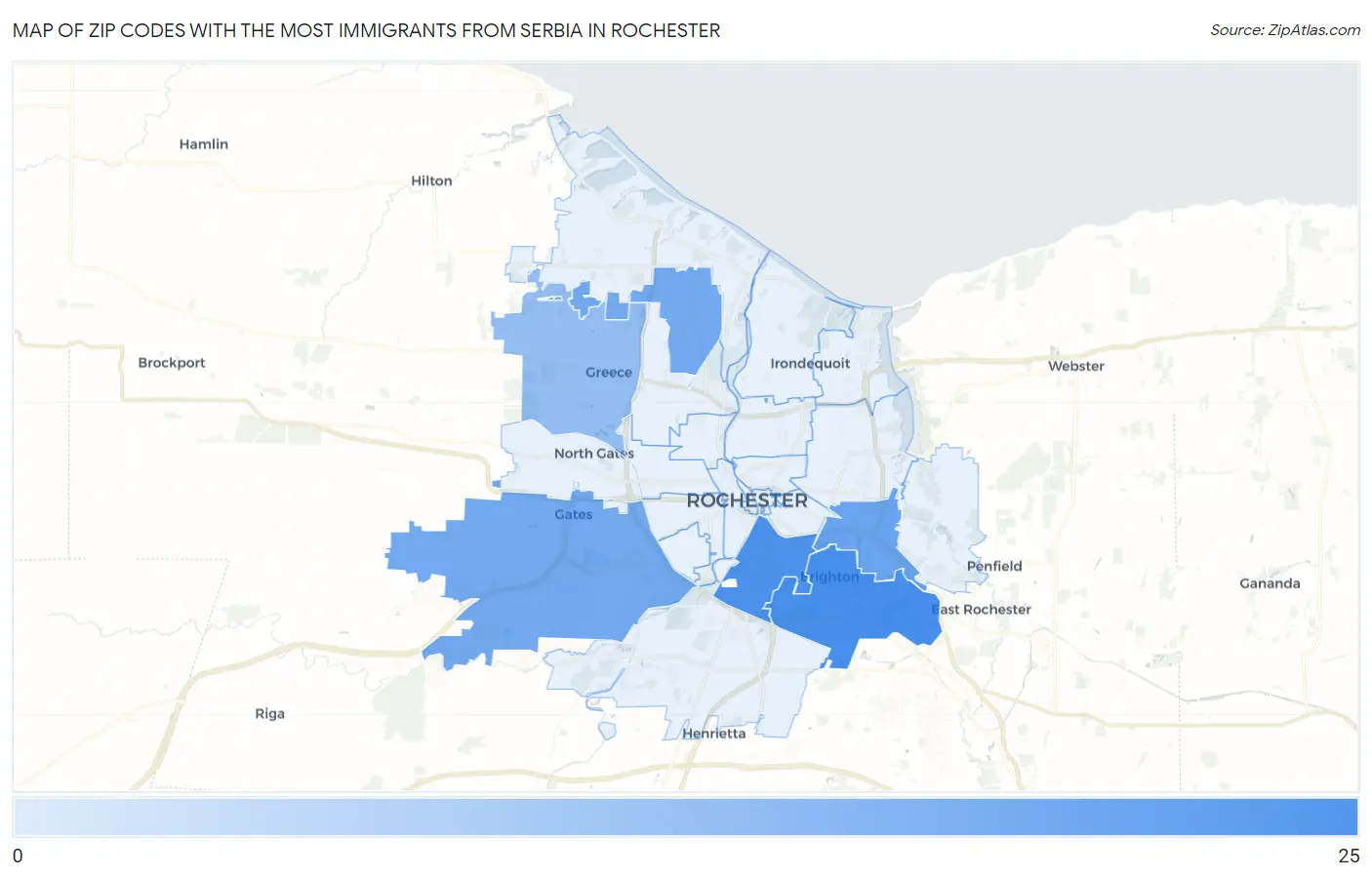 Zip Codes with the Most Immigrants from Serbia in Rochester Map