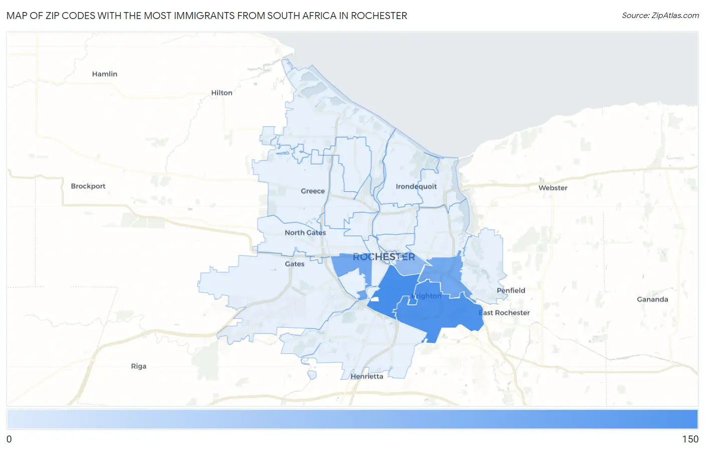 Zip Codes with the Most Immigrants from South Africa in Rochester Map