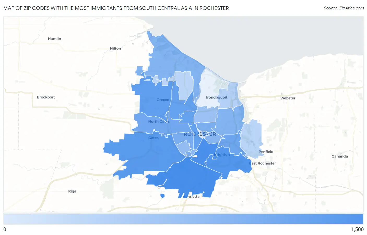 Zip Codes with the Most Immigrants from South Central Asia in Rochester Map