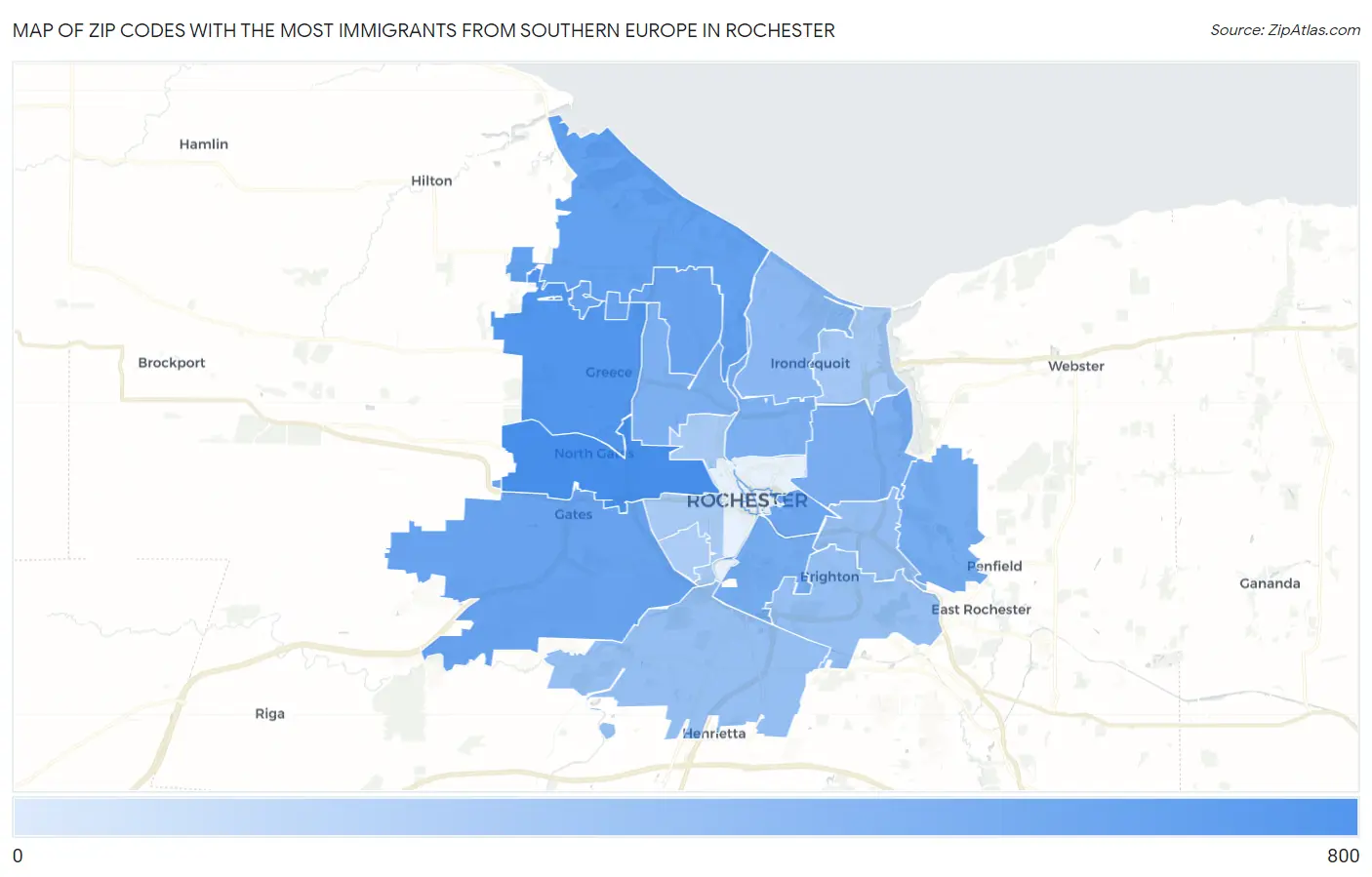 Zip Codes with the Most Immigrants from Southern Europe in Rochester Map