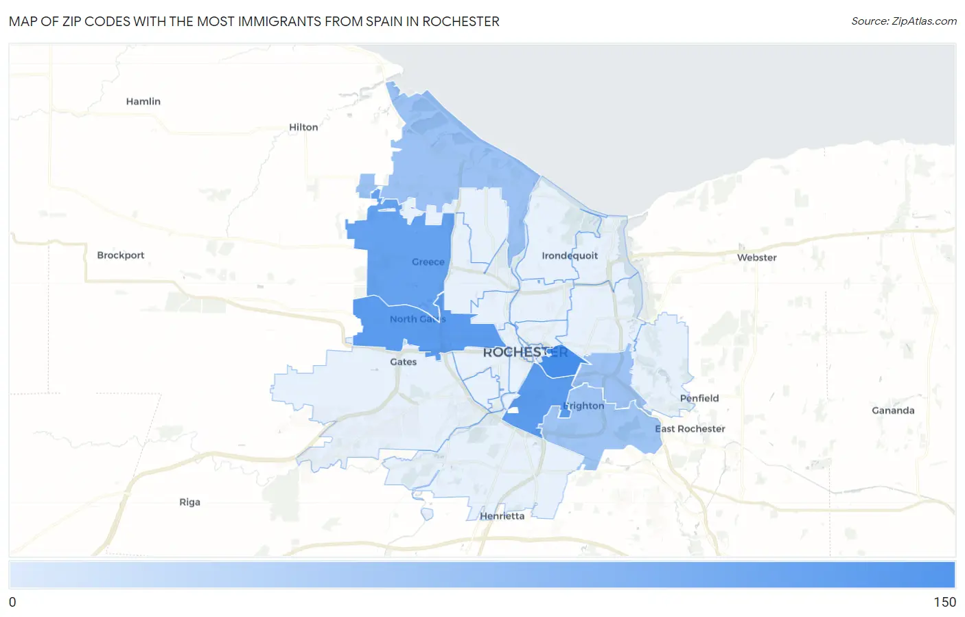 Zip Codes with the Most Immigrants from Spain in Rochester Map
