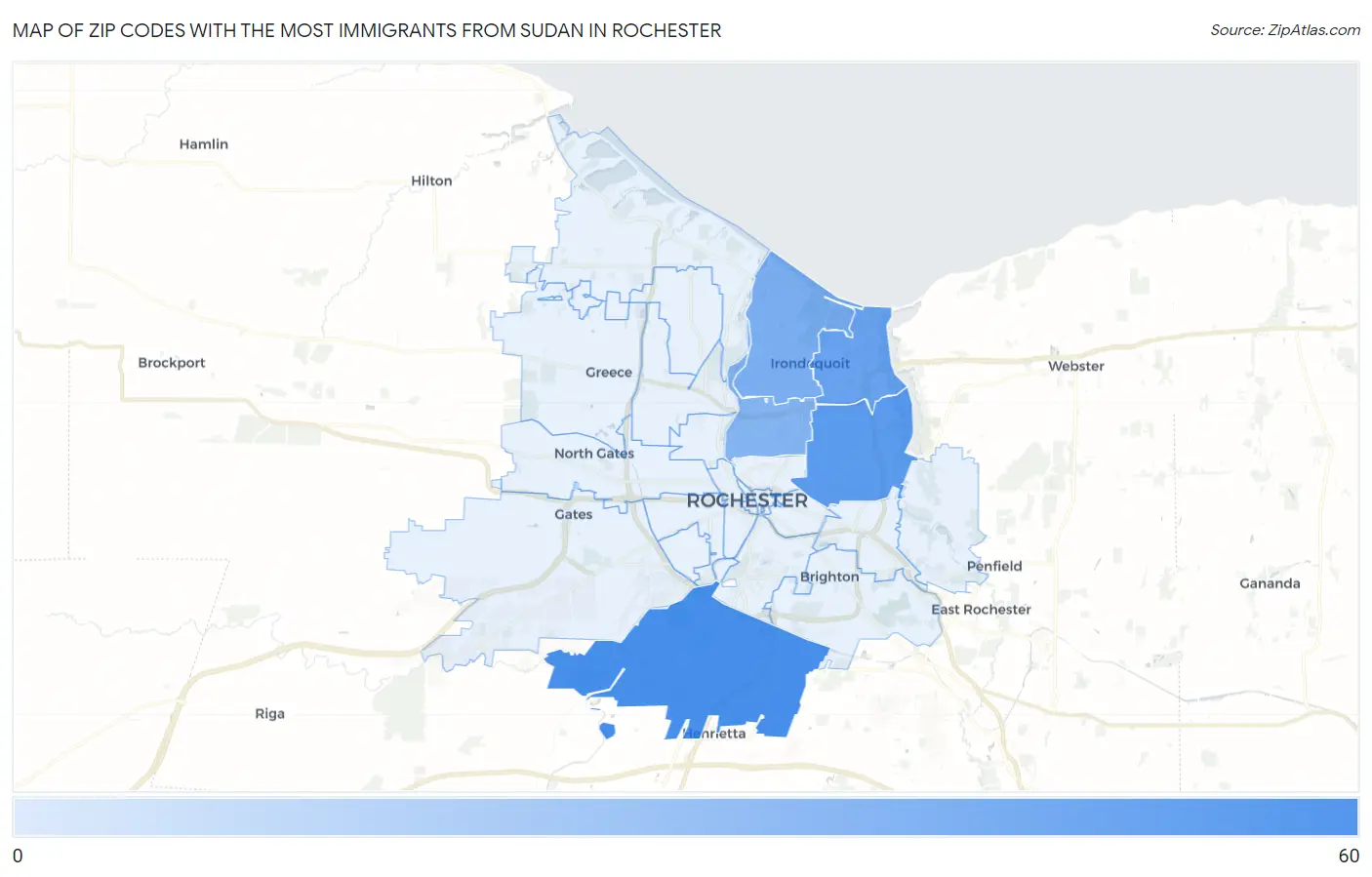 Zip Codes with the Most Immigrants from Sudan in Rochester Map