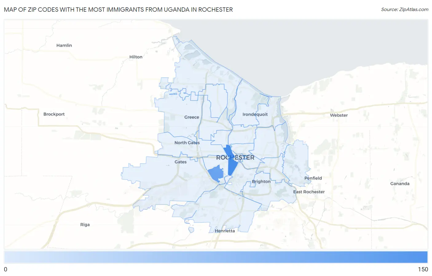 Zip Codes with the Most Immigrants from Uganda in Rochester Map
