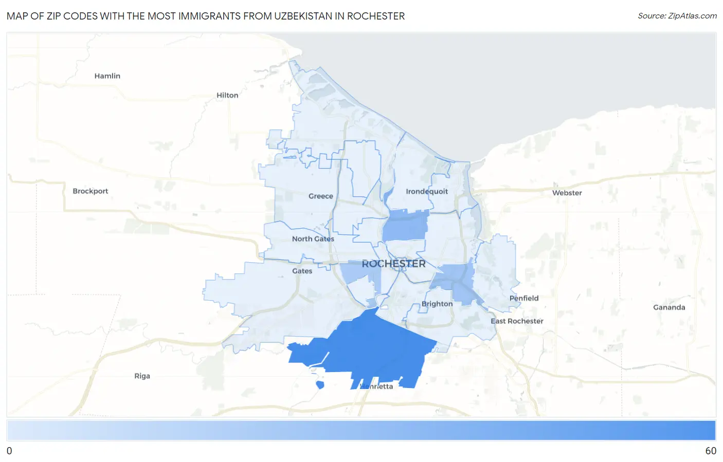 Zip Codes with the Most Immigrants from Uzbekistan in Rochester Map