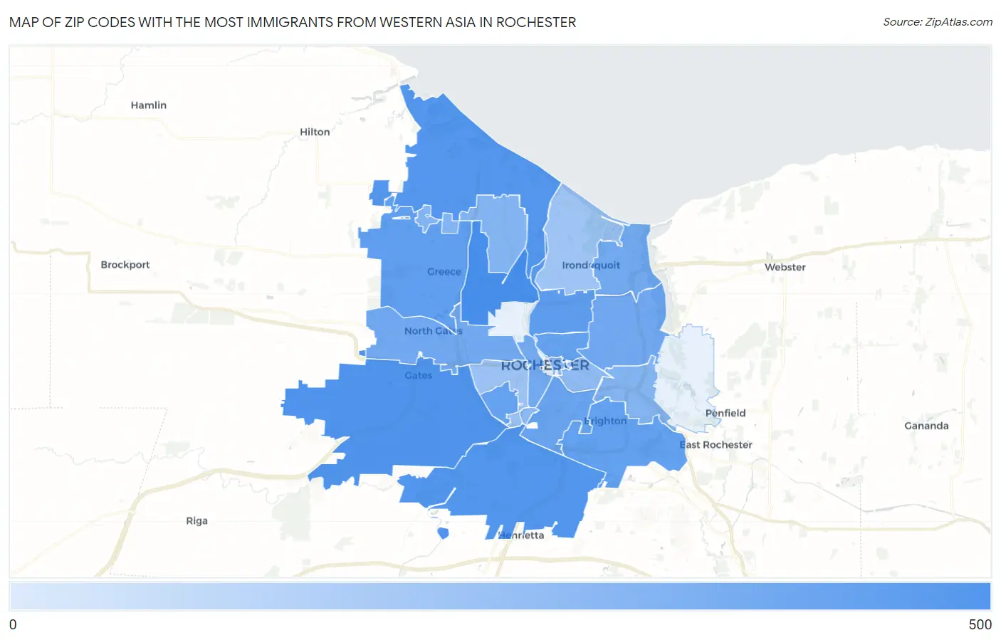 Zip Codes with the Most Immigrants from Western Asia in Rochester Map