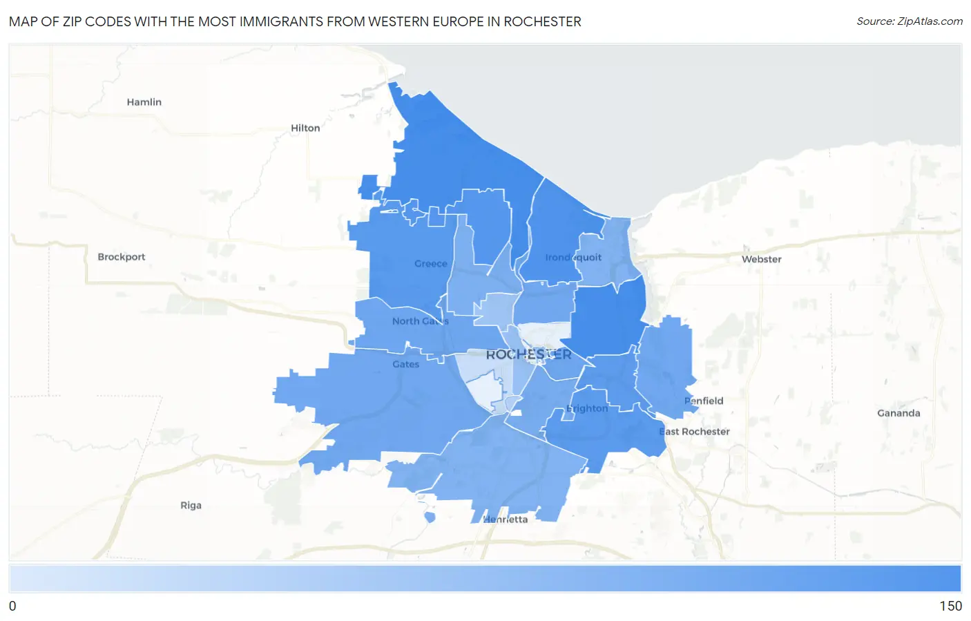 Zip Codes with the Most Immigrants from Western Europe in Rochester Map