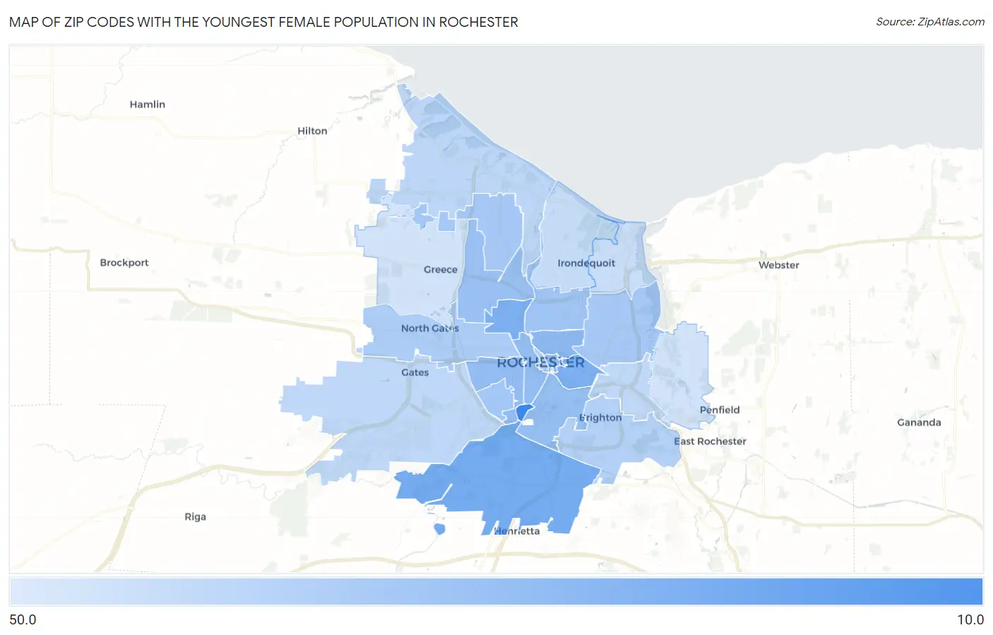 Zip Codes with the Youngest Female Population in Rochester Map