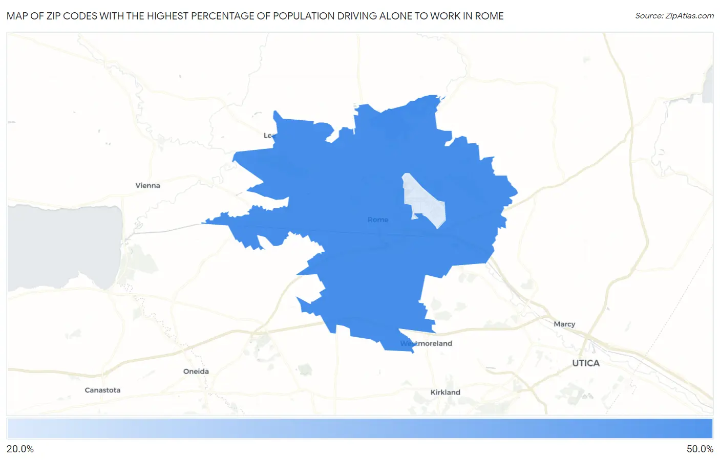 Zip Codes with the Highest Percentage of Population Driving Alone to Work in Rome Map