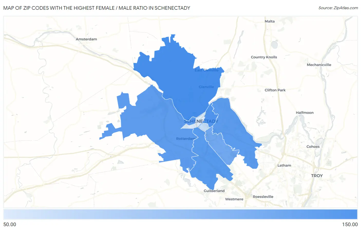 Zip Codes with the Highest Female / Male Ratio in Schenectady Map