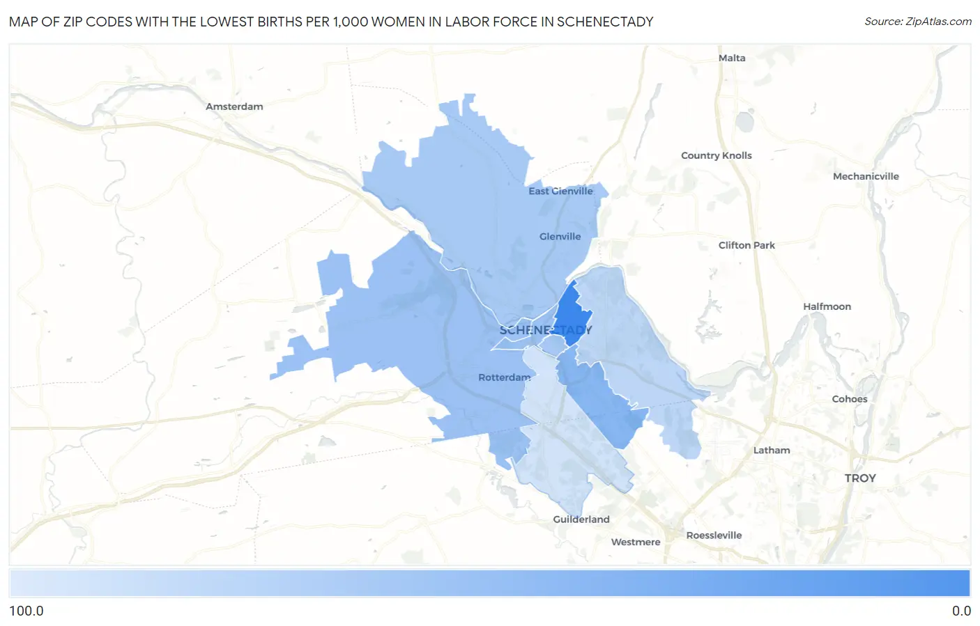 Zip Codes with the Lowest Births per 1,000 Women in Labor Force in Schenectady Map