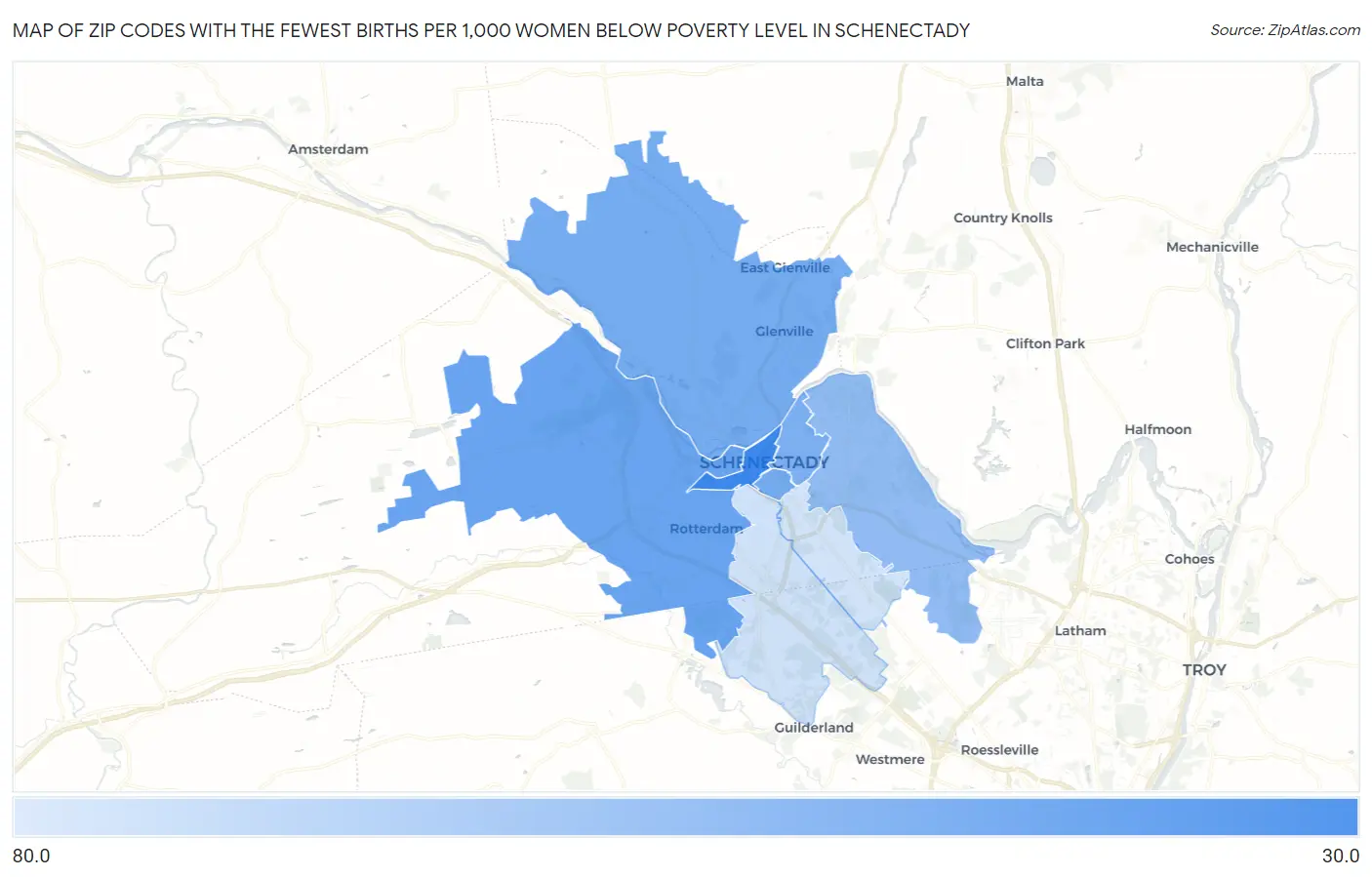 Zip Codes with the Fewest Births per 1,000 Women Below Poverty Level in Schenectady Map