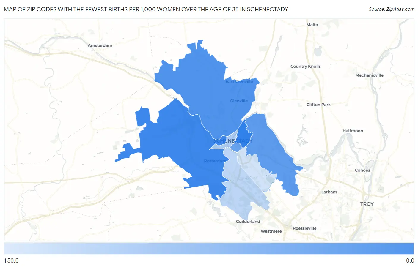 Zip Codes with the Fewest Births per 1,000 Women Over the Age of 35 in Schenectady Map