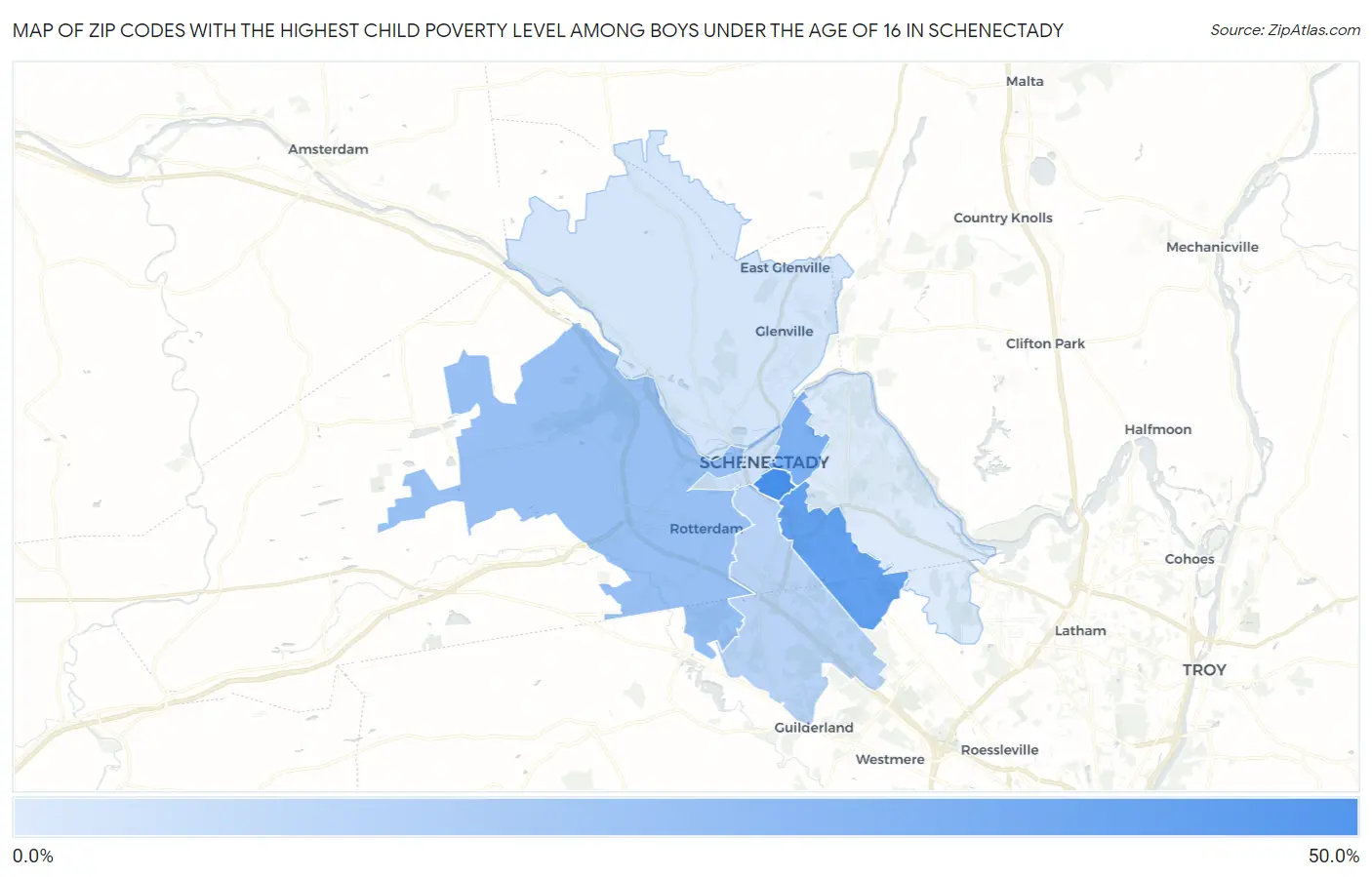 Zip Codes with the Highest Child Poverty Level Among Boys Under the Age of 16 in Schenectady Map