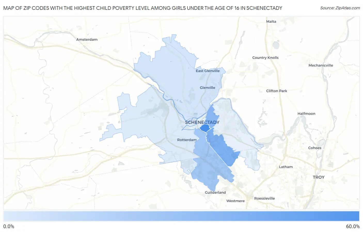 Zip Codes with the Highest Child Poverty Level Among Girls Under the Age of 16 in Schenectady Map