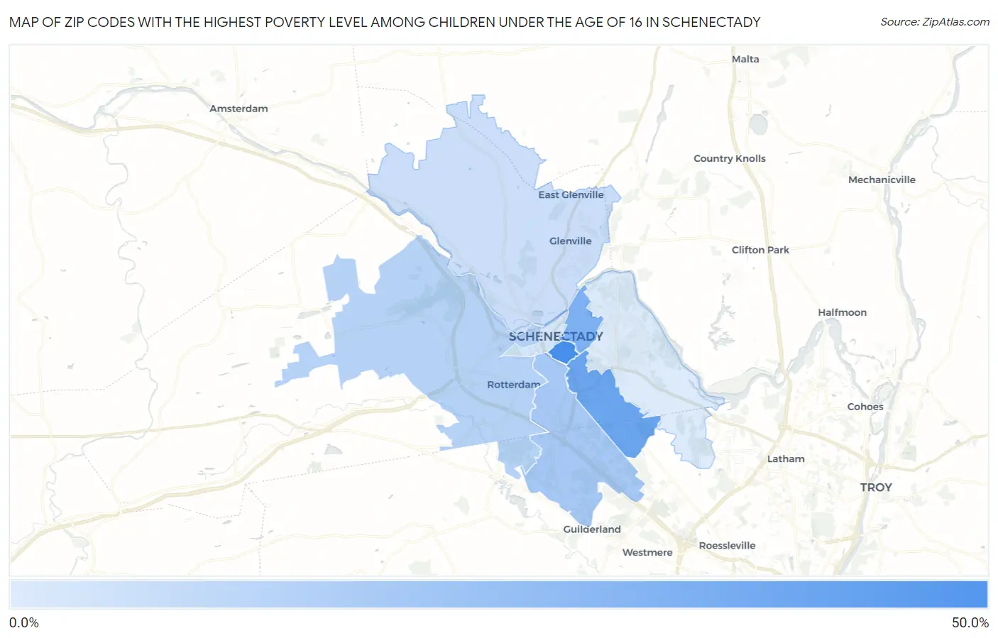 Zip Codes with the Highest Poverty Level Among Children Under the Age of 16 in Schenectady Map