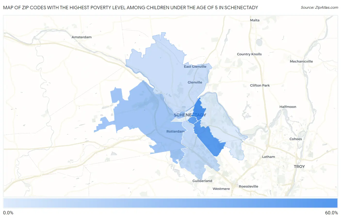 Zip Codes with the Highest Poverty Level Among Children Under the Age of 5 in Schenectady Map