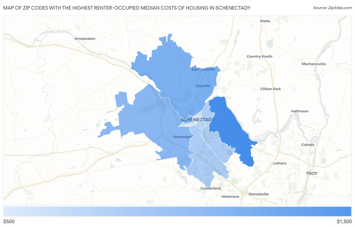Zip Codes with the Highest Renter-Occupied Median Costs of Housing in Schenectady Map