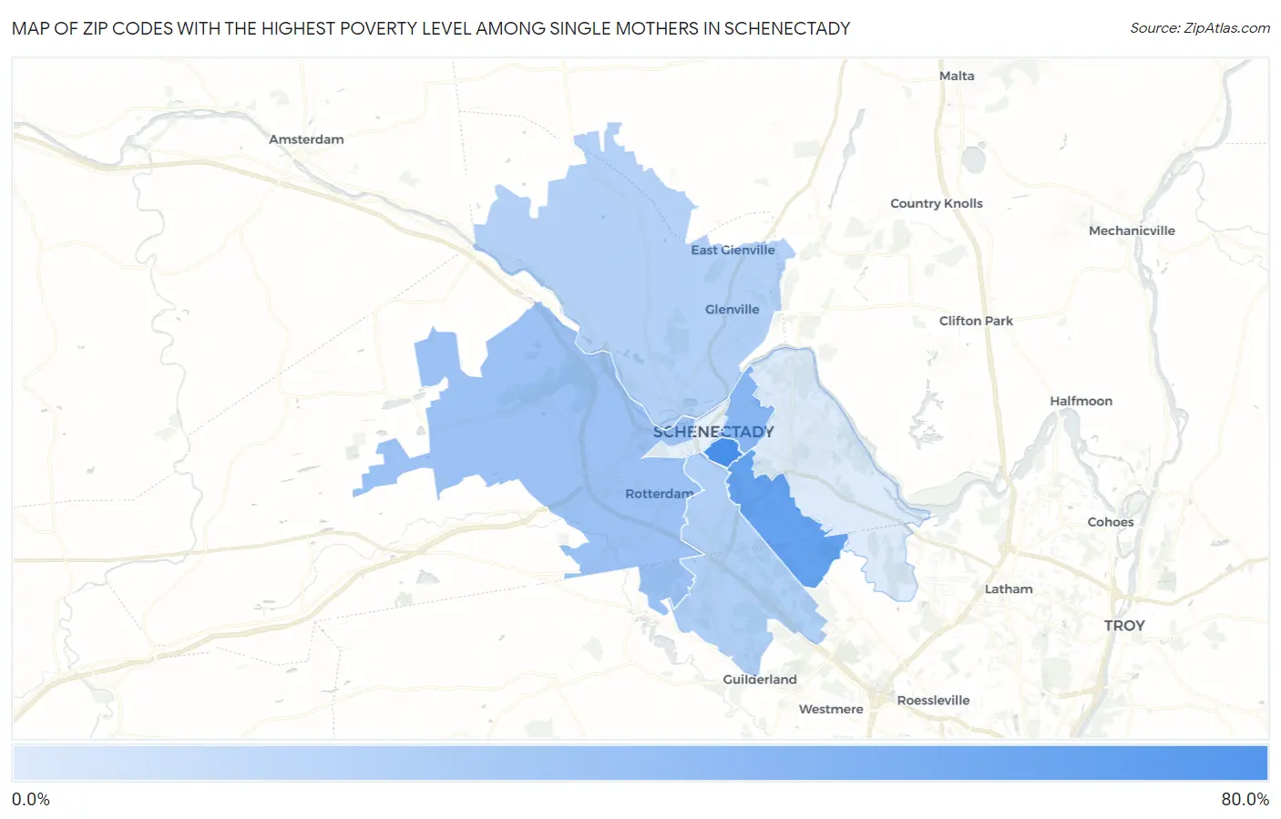 Zip Codes with the Highest Poverty Level Among Single Mothers in Schenectady Map