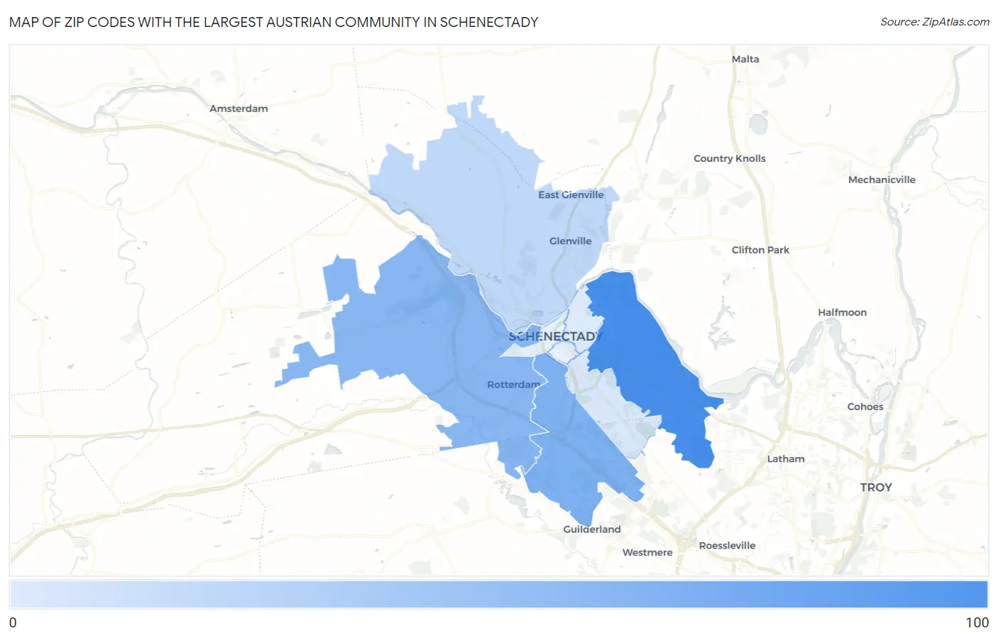 Zip Codes with the Largest Austrian Community in Schenectady Map