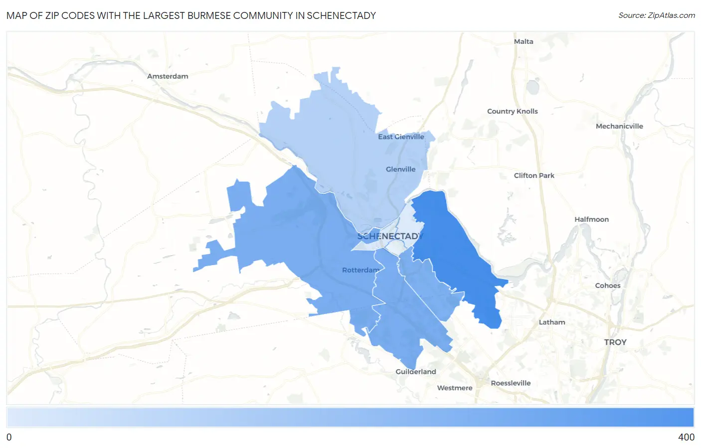 Zip Codes with the Largest Burmese Community in Schenectady Map