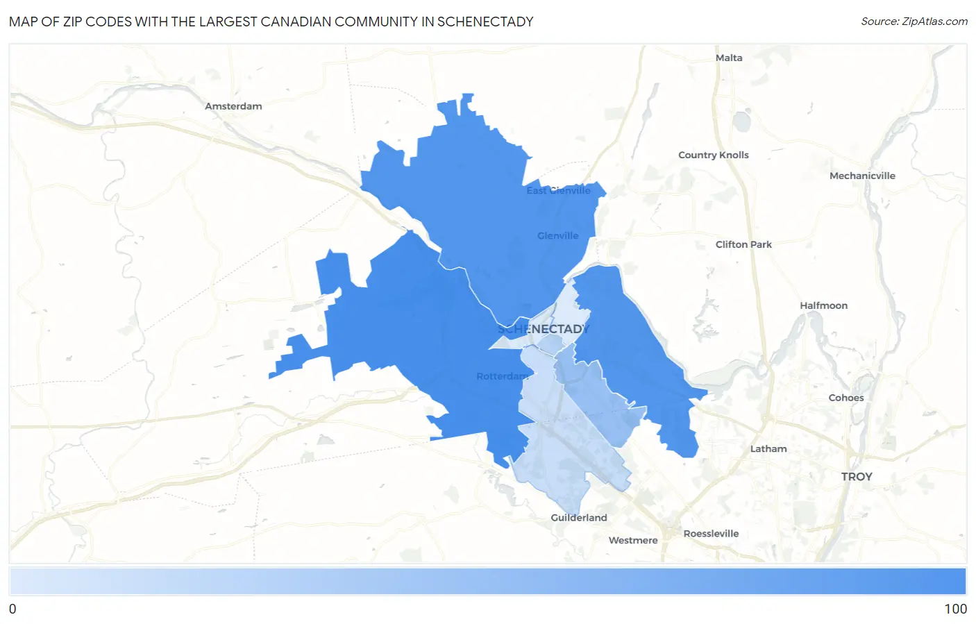 Zip Codes with the Largest Canadian Community in Schenectady Map