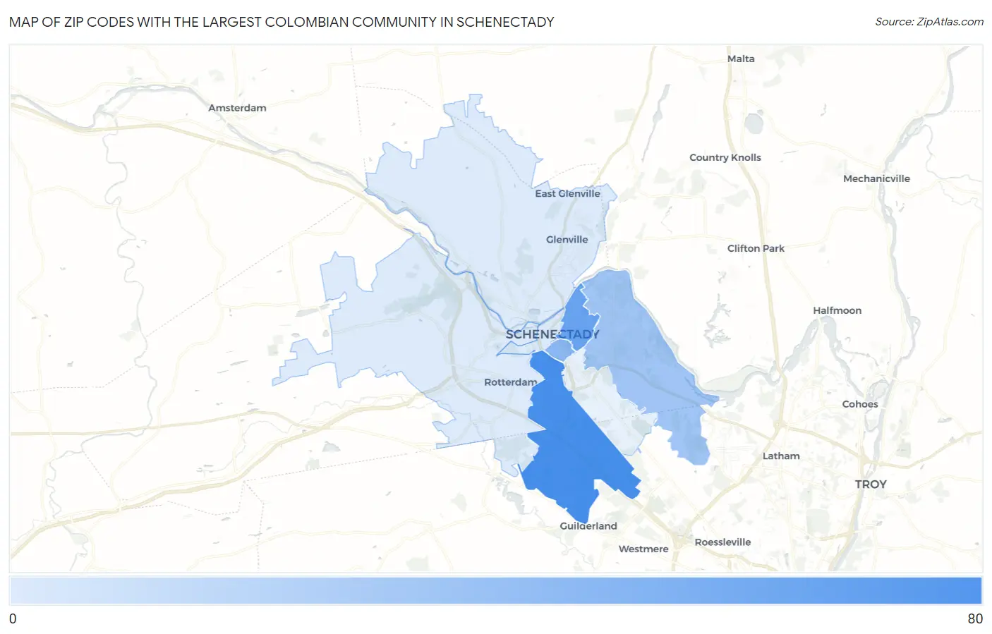 Zip Codes with the Largest Colombian Community in Schenectady Map
