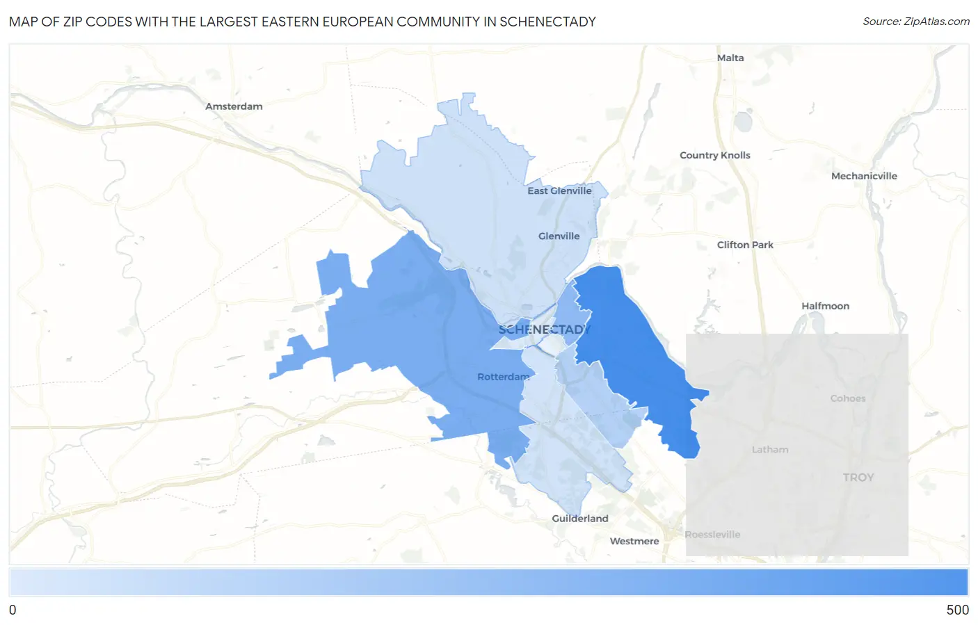 Zip Codes with the Largest Eastern European Community in Schenectady Map