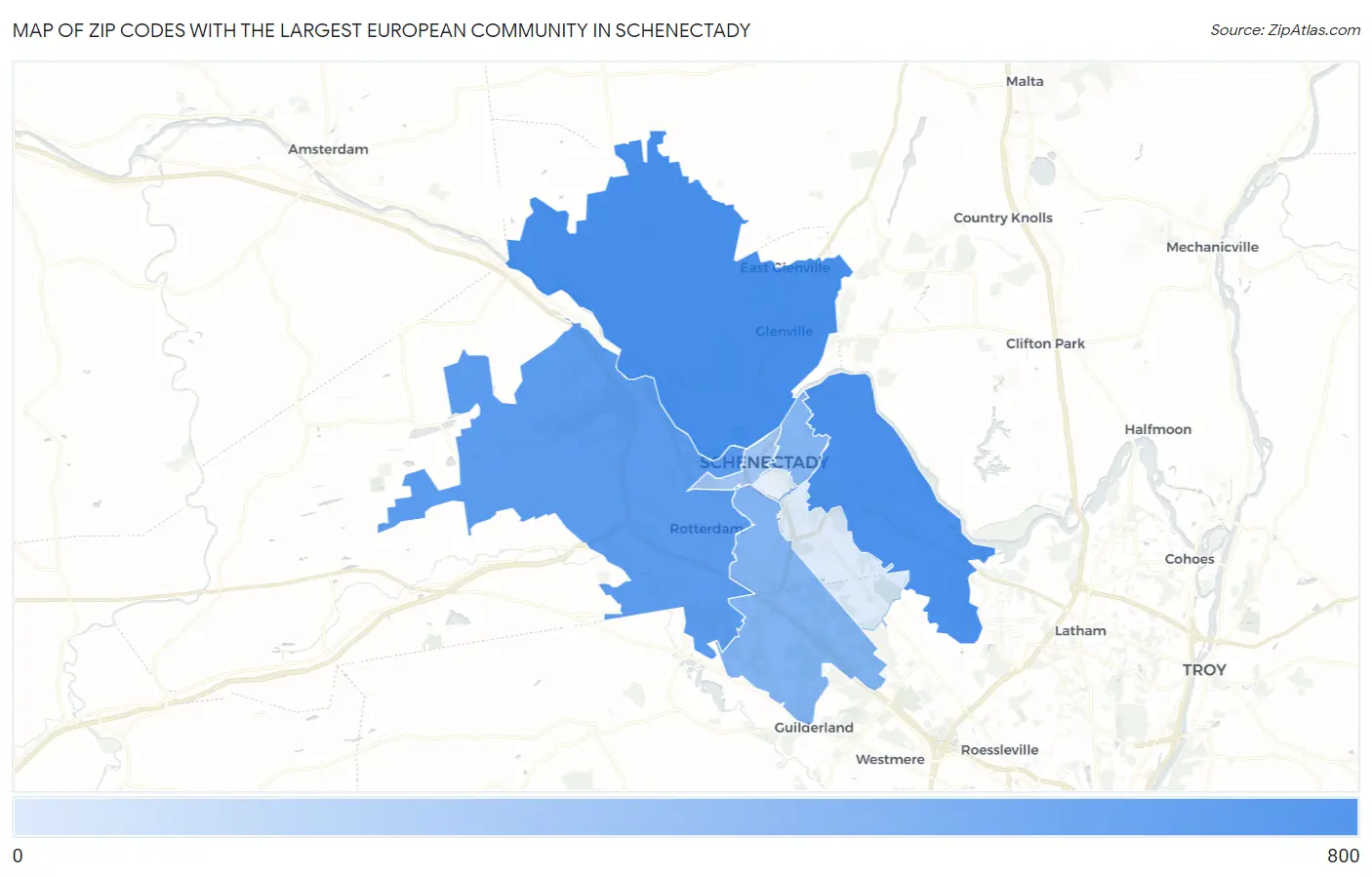 Zip Codes with the Largest European Community in Schenectady Map