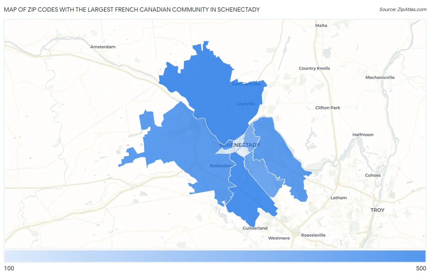 Zip Codes with the Largest French Canadian Community in Schenectady Map