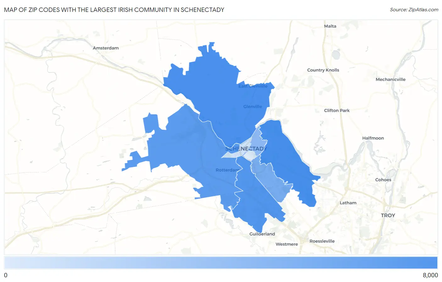 Zip Codes with the Largest Irish Community in Schenectady Map