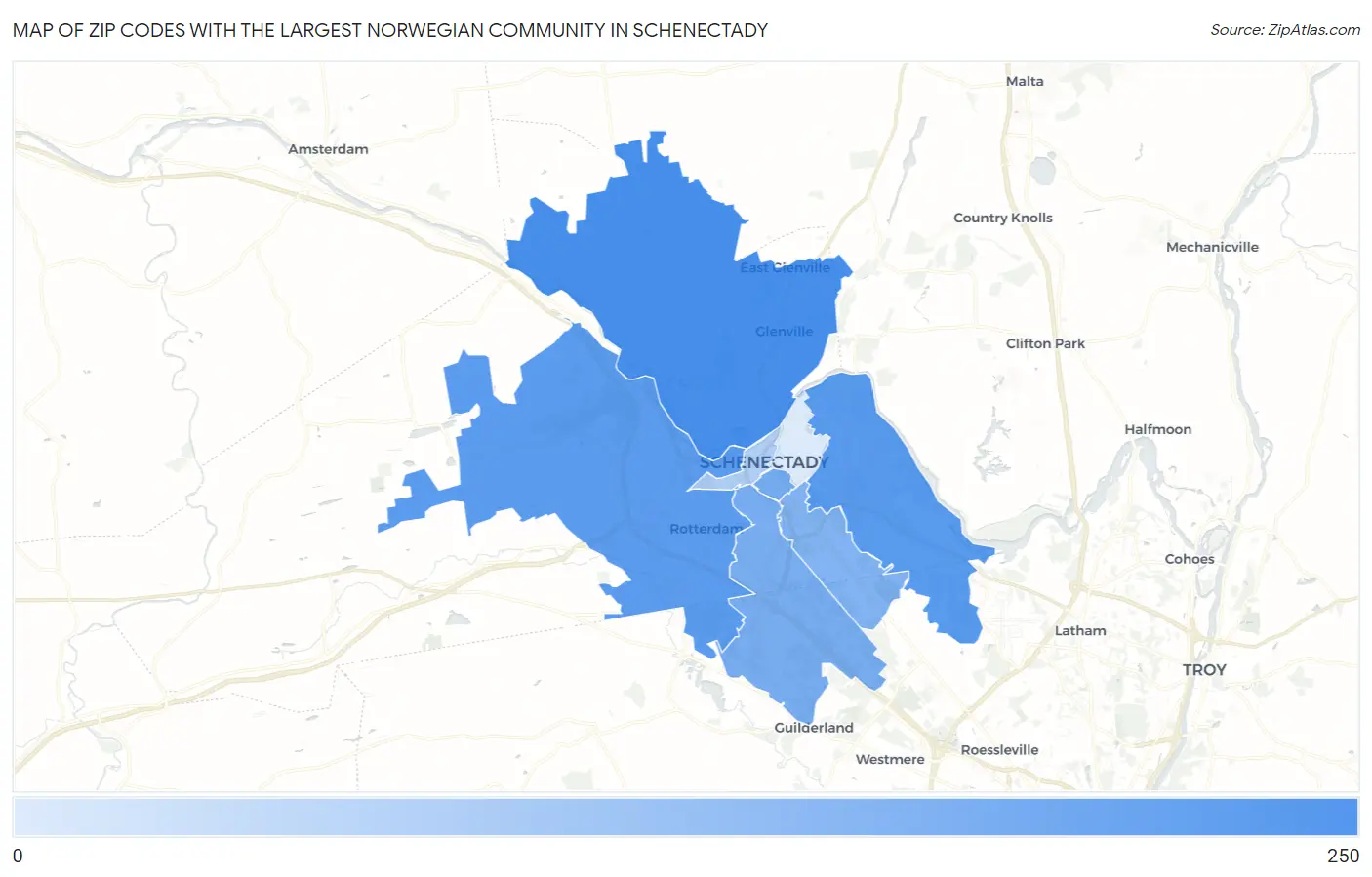 Zip Codes with the Largest Norwegian Community in Schenectady Map