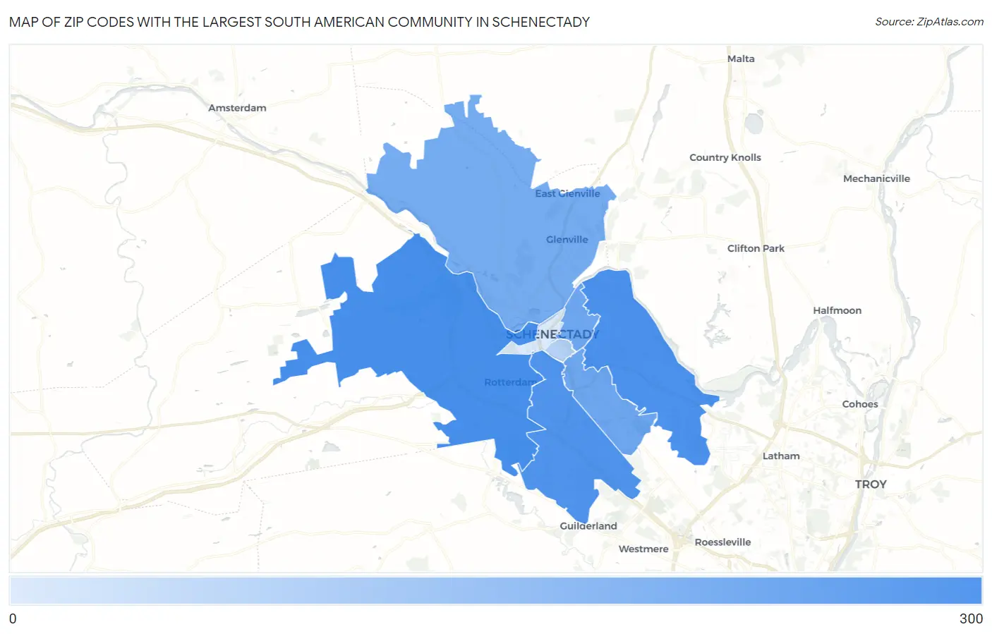 Zip Codes with the Largest South American Community in Schenectady Map