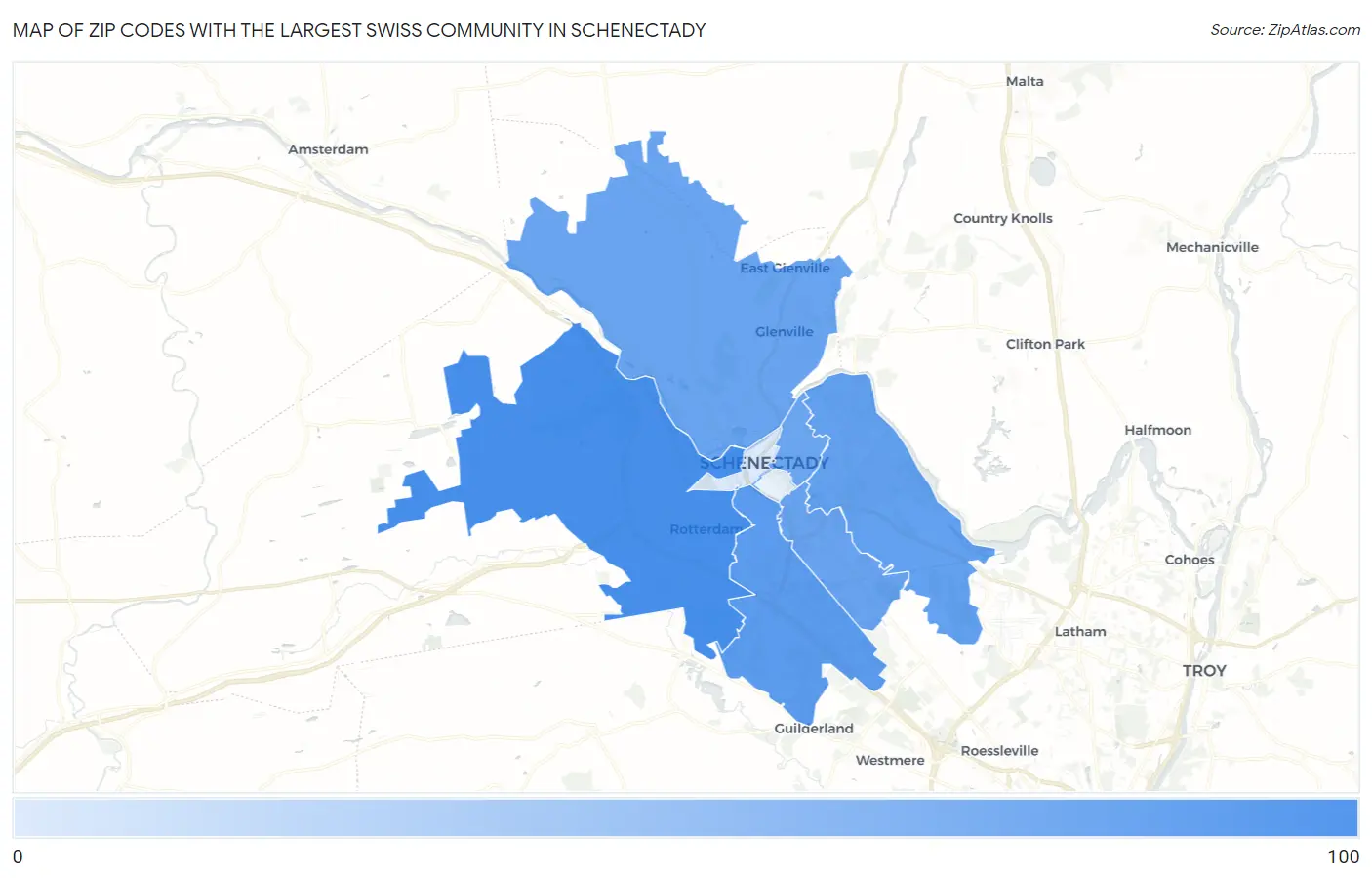 Zip Codes with the Largest Swiss Community in Schenectady Map